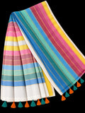 Vibrant Rainbow Striped Handloom Cotton Saree with Tasseled Pallu