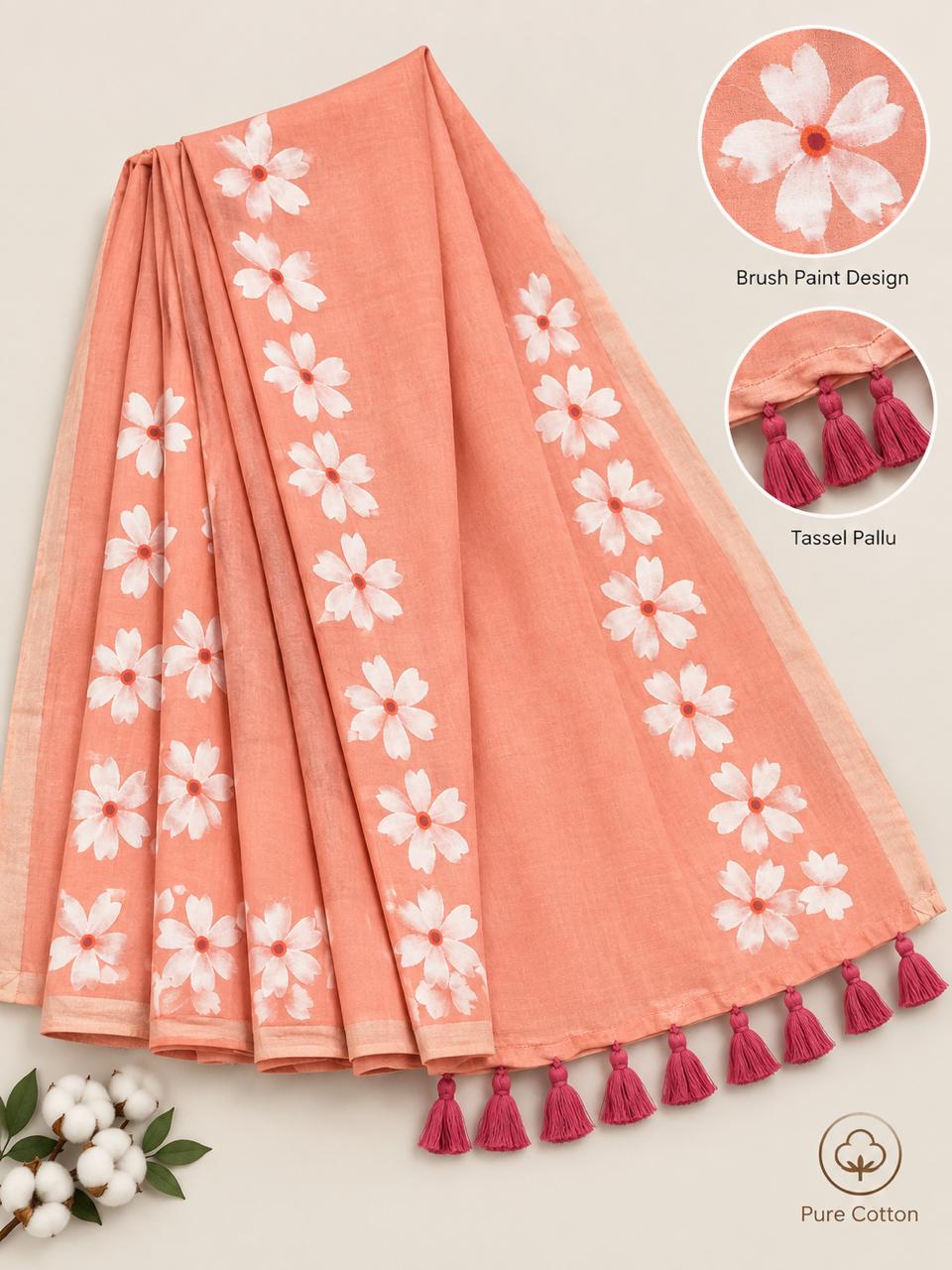 Peach Floral Brush Paint Pure Cotton Saree with Tassel Pallu