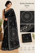 Black Katha Handwork Saree with Blouse Piece | Traditional Handcrafted Saree