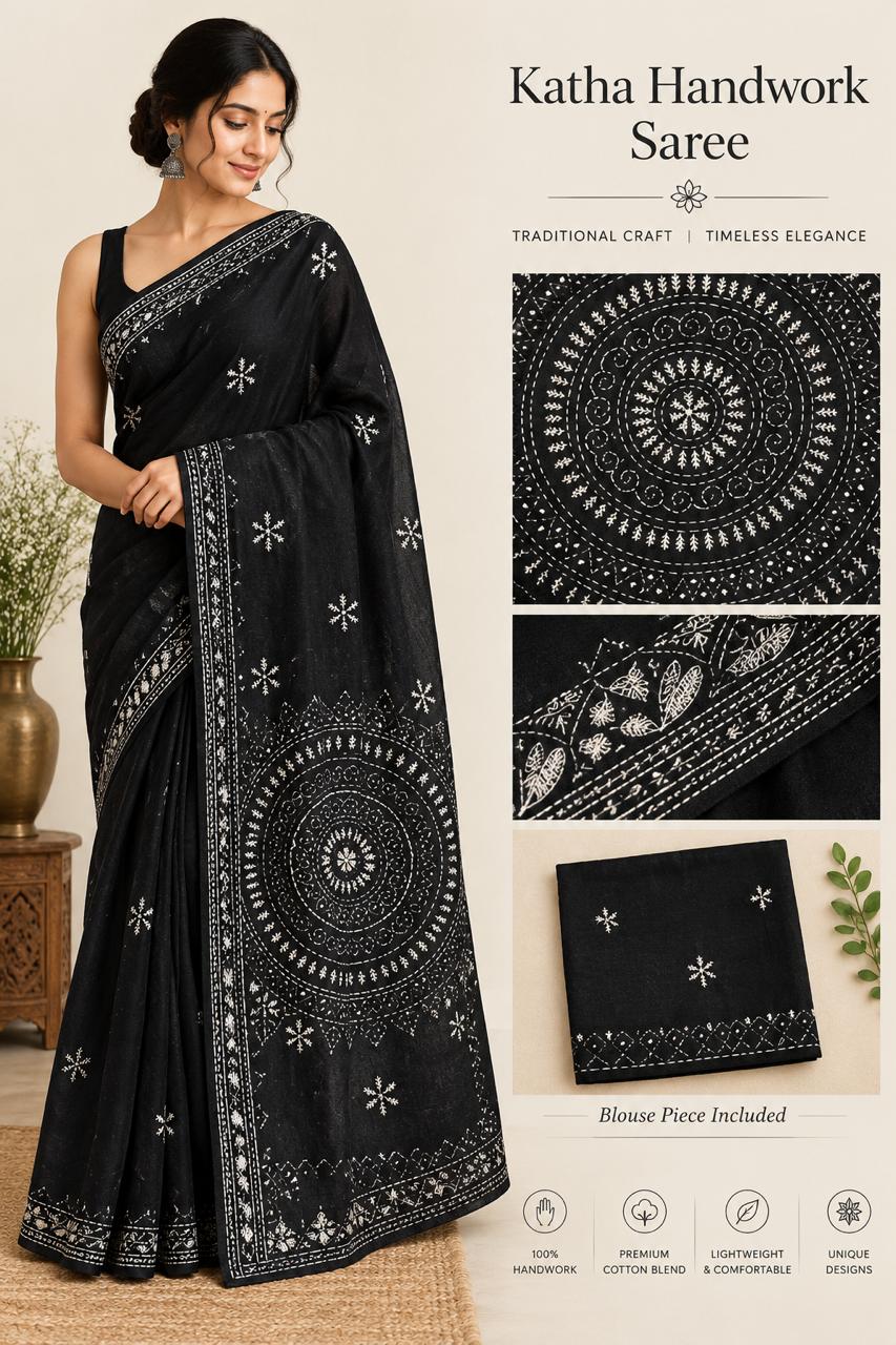 Black Katha Handwork Saree with Blouse Piece | Traditional Handcrafted Saree