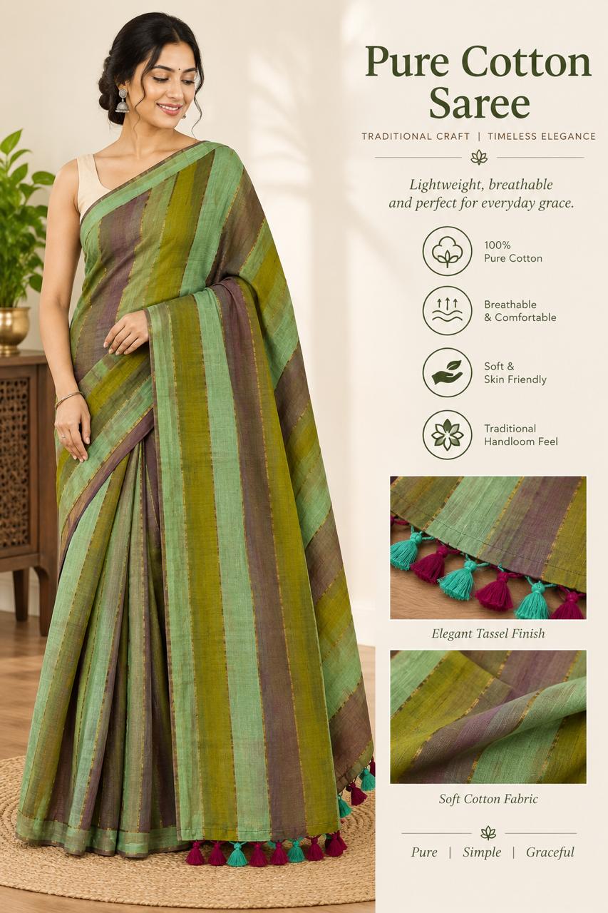 Multicolor Striped Pure Cotton Handloom Saree with Tassel Detail