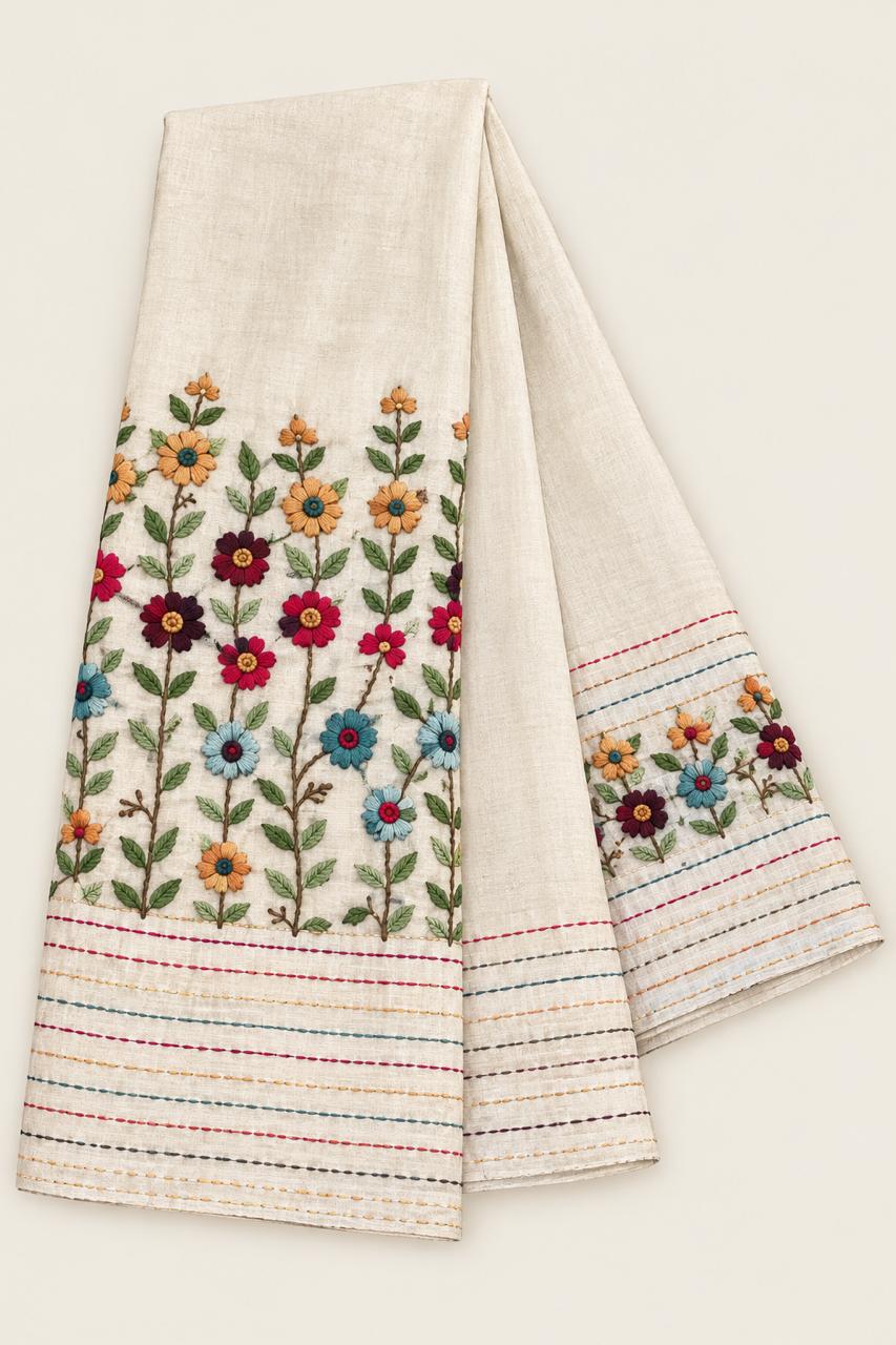 Elegant Beige Hand-Embroidered Kantha Work Saree with Matching Blouse Piece