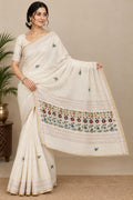 Elegant Beige Hand-Embroidered Kantha Work Saree with Matching Blouse Piece