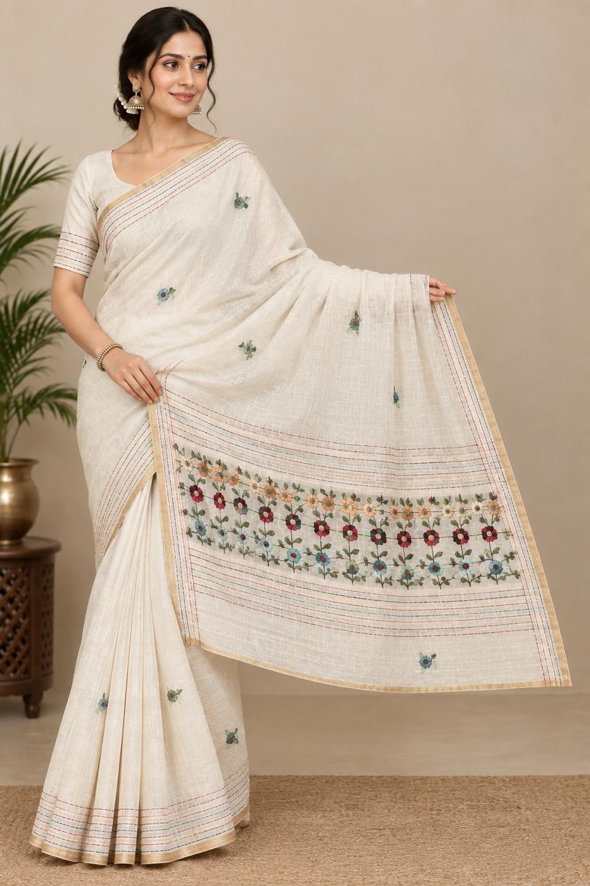 Elegant Beige Hand-Embroidered Kantha Work Saree with Matching Blouse Piece