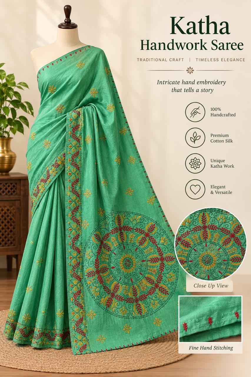 Premium Green Katha Handwork Embroidery Saree | Traditional Handcrafted Ethnic Wear