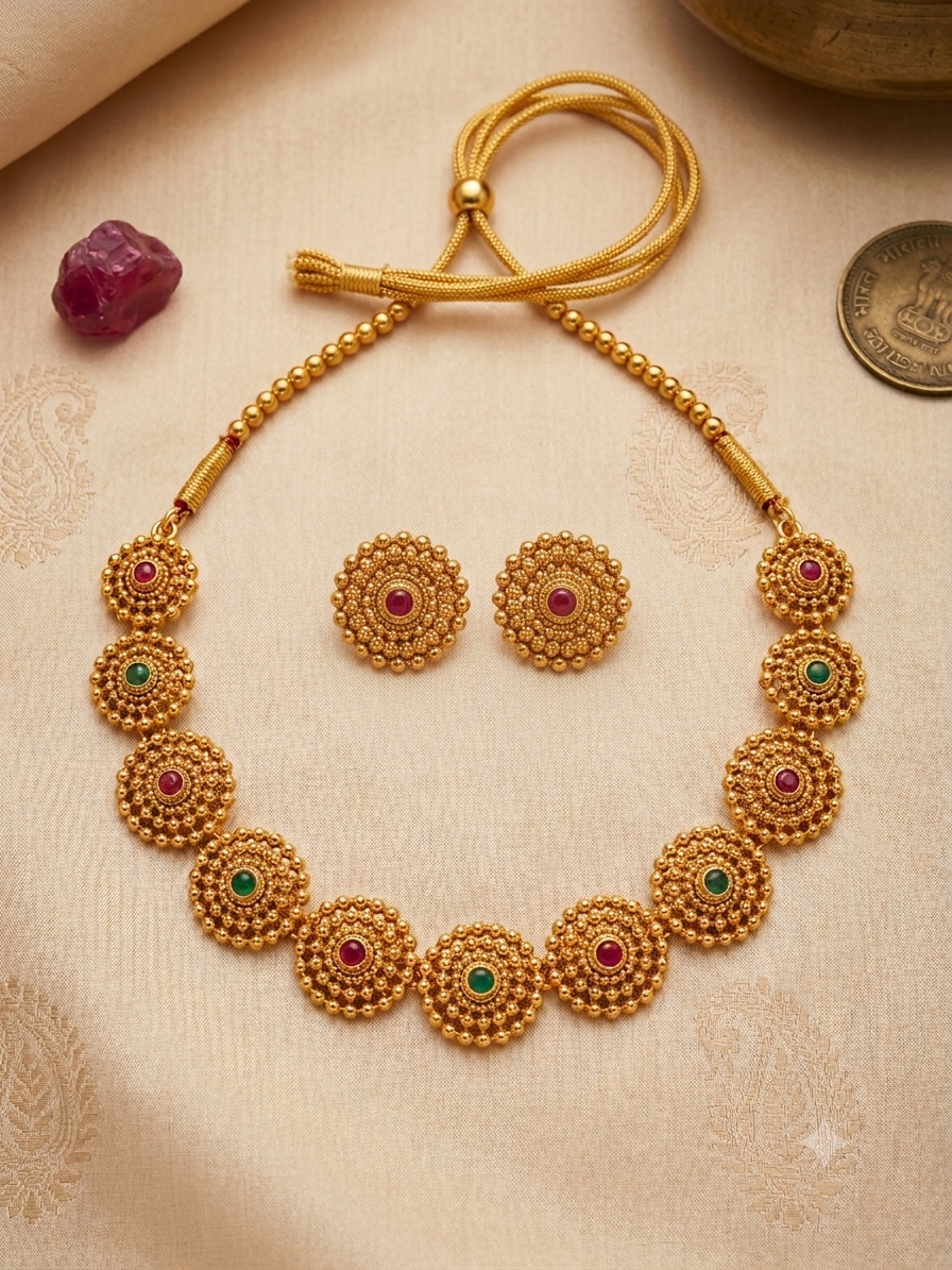 Traditional Gold-Plated Circular Motif Choker & Stud Earring Set