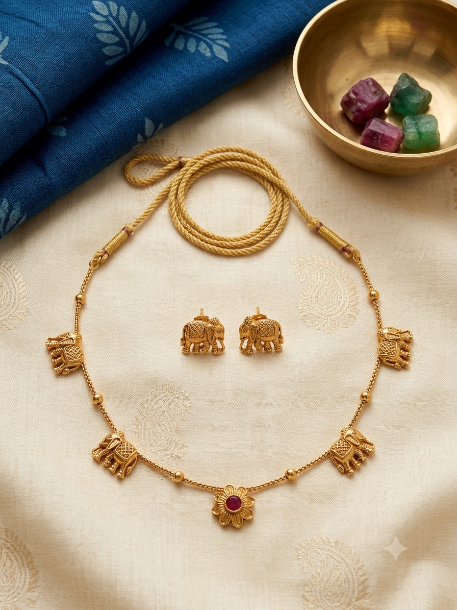 Antique Gold Elephant Motif Necklace with Floral Ruby Pendant & Matching Elephant Studs