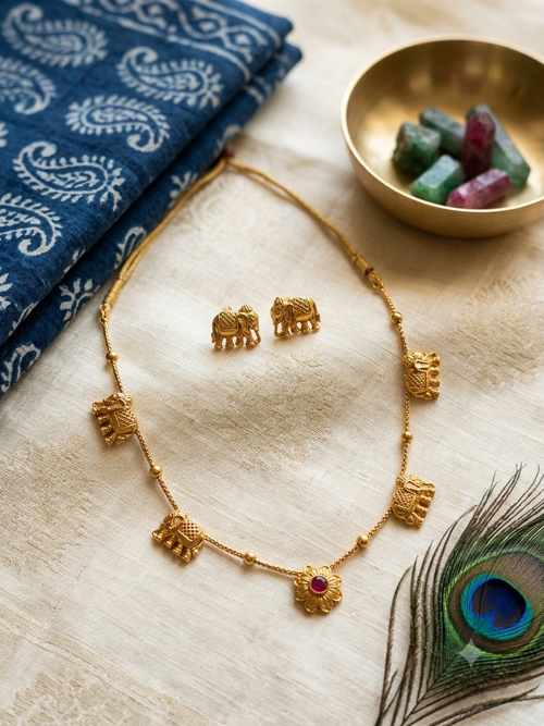 Antique Gold Elephant Motif Necklace with Floral Ruby Pendant & Matching Elephant Studs
