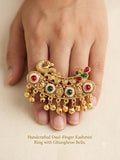 Kashmiri Dual-Finger Adjustable Gold-Tone Statement Ring with Ghungroo Bells
