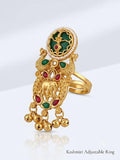 Handcrafted Adjustable Kashmiri Elephant Motif Gold Tone Cocktail Ring with Ghungroo & Pearl