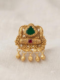 Handcrafted Kashmiri Antique Gold Tone Statement Ring with Green & Ruby Stones and Dangling Bells