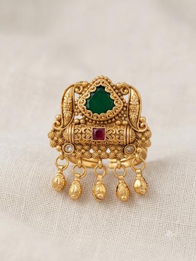 Handcrafted Kashmiri Antique Gold Tone Statement Ring with Green & Ruby Stones and Dangling Bells