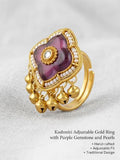 Handcrafted Kashmiri Floral Purple Gemstone Gold Tone Adjustable Ring with Pearls & Ghungroo
