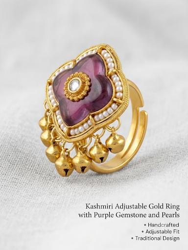 Handcrafted Kashmiri Floral Purple Gemstone Gold Tone Adjustable Ring with Pearls & Ghungroo