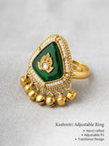 Handcrafted Kashmiri Triangular Green Stone Gold Tone Adjustable Ring with Pearls & Ghungroo