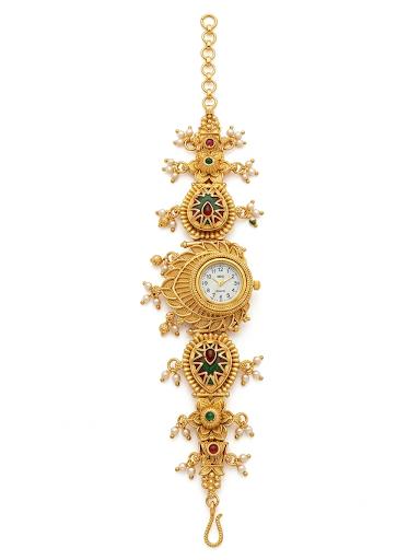 Traditional Handcrafted Kashmiri Gold-Tone Bracelet Watch with Pearls & Stone Inlays