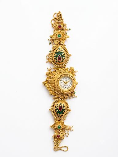 Traditional Handcrafted Kashmiri Gold-Tone Bracelet Watch with Pearls & Stone Inlays