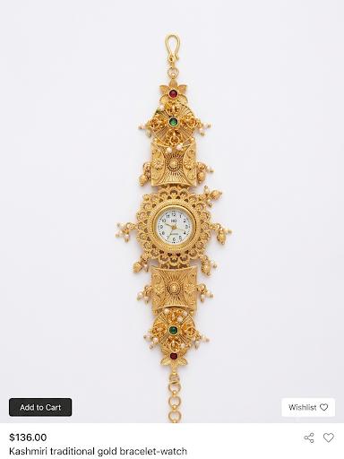 Traditional Handcrafted Kashmiri Gold-Tone Bracelet Watch with Square Filigree Links & Pearl Drops