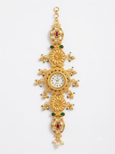 Traditional Handcrafted Kashmiri Floral & Kundan Gold-Tone Bracelet Watch with Pearls