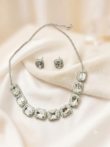 Glamorous Emerald-Cut Crystal Statement Necklace Set with Halo Stud Earrings