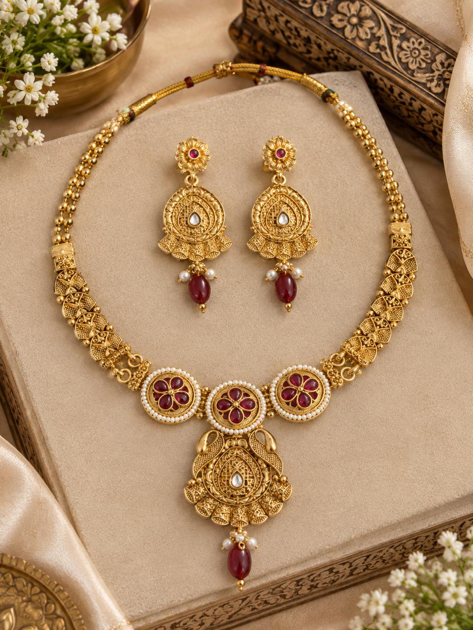 Traditional Kundan-Inspired Gold-Tone Necklace & Earrings Set
Description