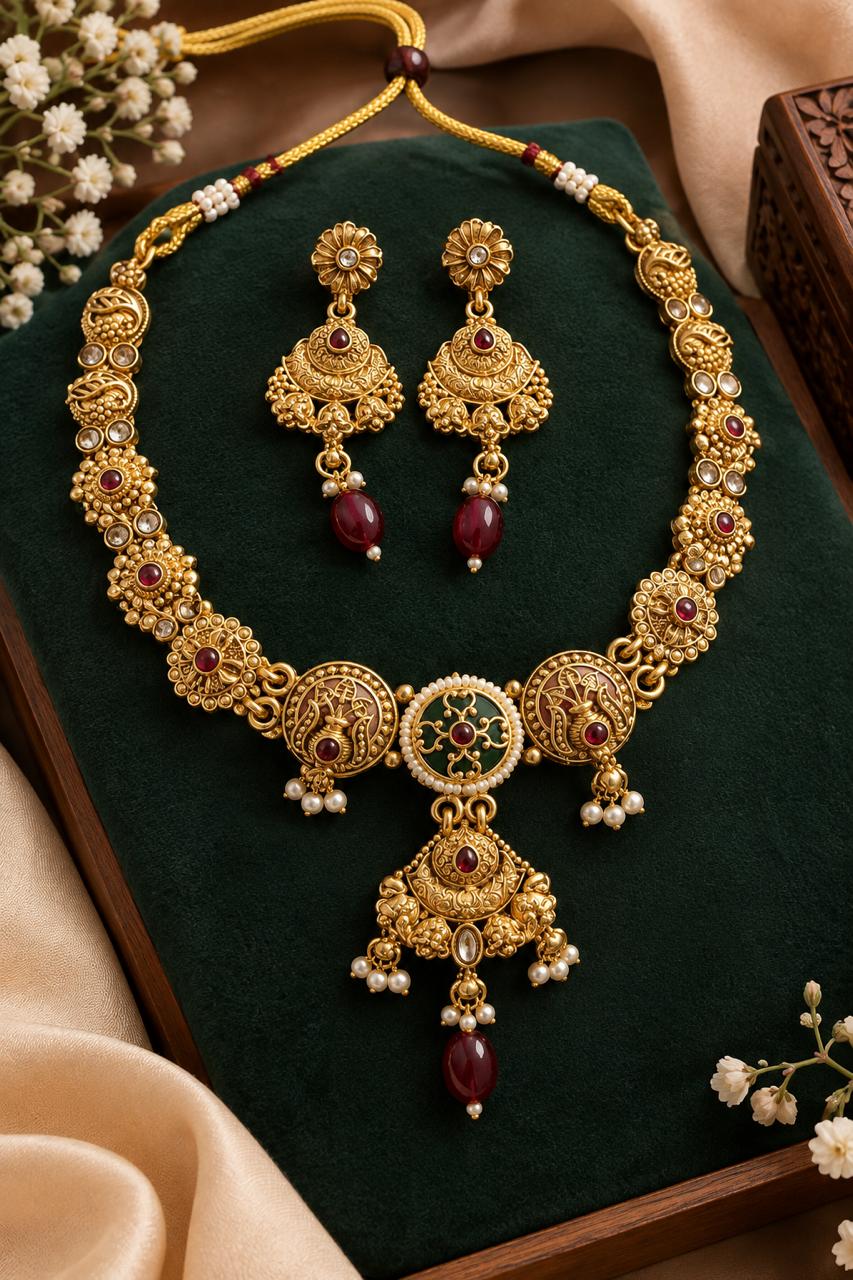 Antique Gold-Plated Temple Jewelry Set with Ruby Red & Emerald Green Accents