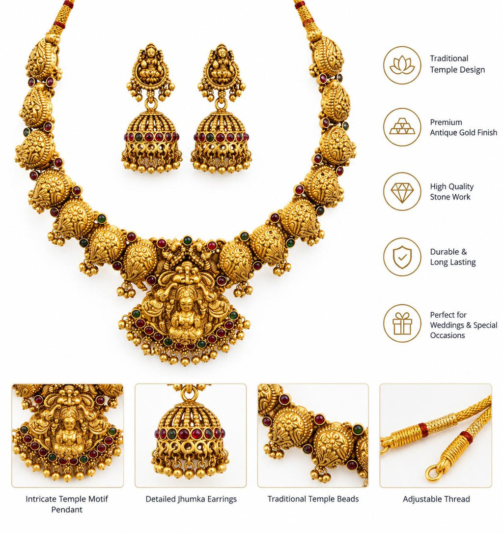 Traditional Temple Jewellery Necklace Set with Goddess Pendant & Jhumka Earrings