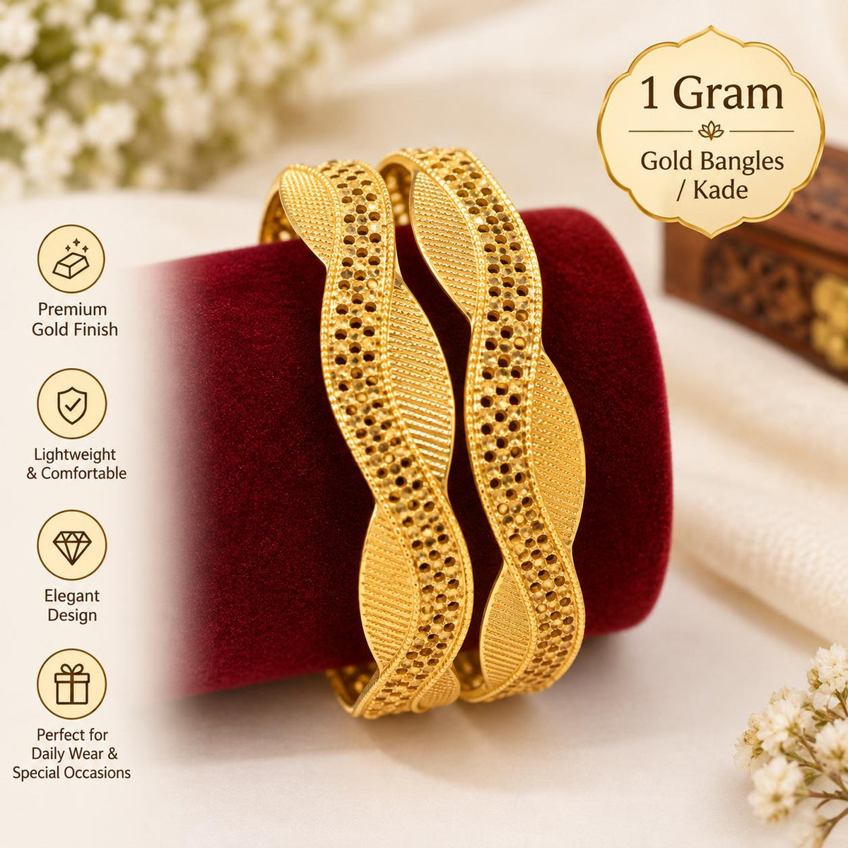 1 Gram Gold Finish Designer Bangles / Kade – Elegant Leaf Pattern,Pair of 2 bangles