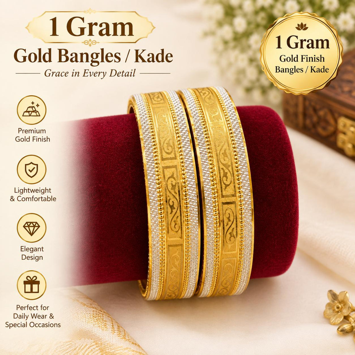 1 Gram Gold Finish Designer Bangles / Kade – Traditional Engraved Pattern, pair of 2 bangles