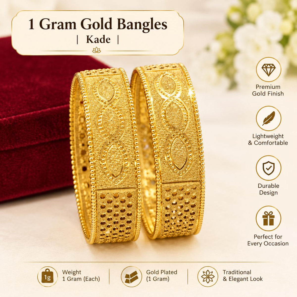 1 Gram Gold-Plated Designer Kade | Traditional Wide Bangles,pair of 2 bangles