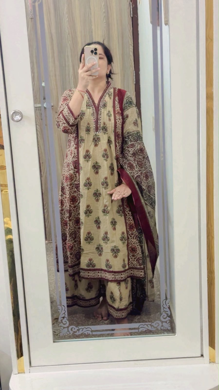 Heavy Flared Anarkali Suit with Mirror Neck Work, Side Pocket, and Heavy Divider Palazzo